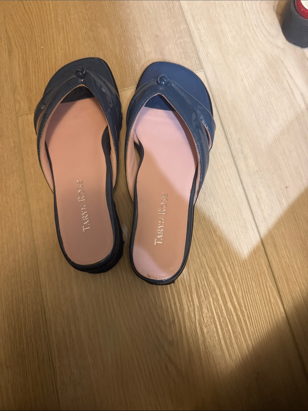 Taryn Rose Navy Patent Slide Mules with Pink Footbed